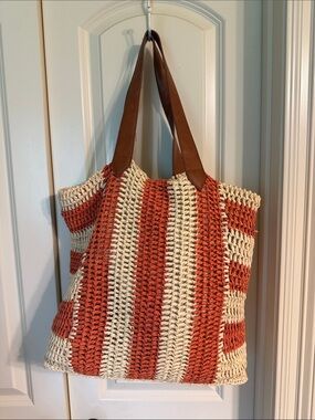 Sole Society Striped Raffia Tote - Cream & Rust Brown